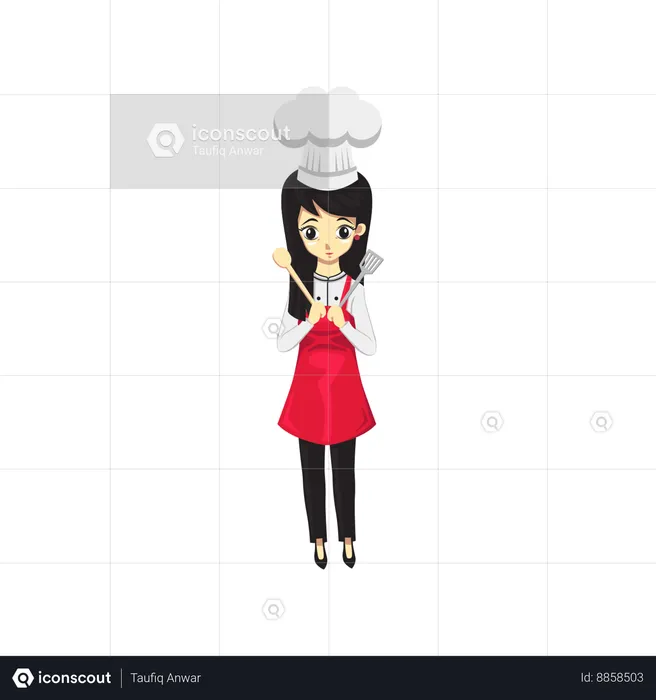Italian Chef Woman holding kitchen essentials  Illustration