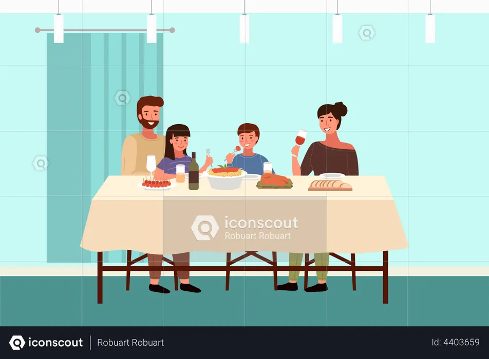 Italian family is having dinner together at home  Illustration