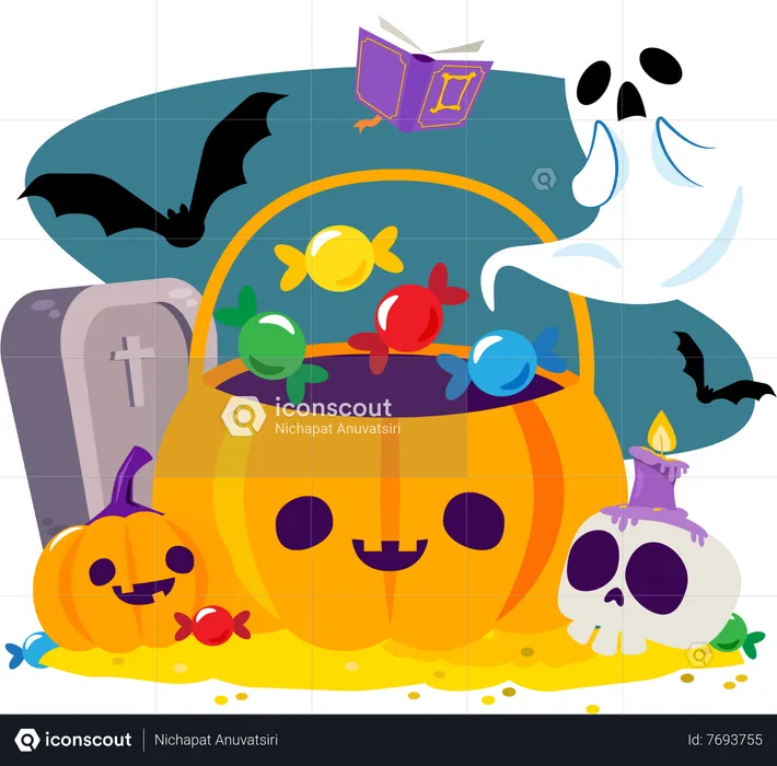 Jack o latern pumpkin with candies and halloween character  Illustration