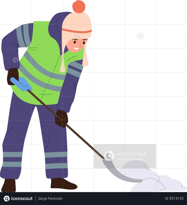 Janitor in uniform shoveling snow from street cleaning road after winter  Illustration