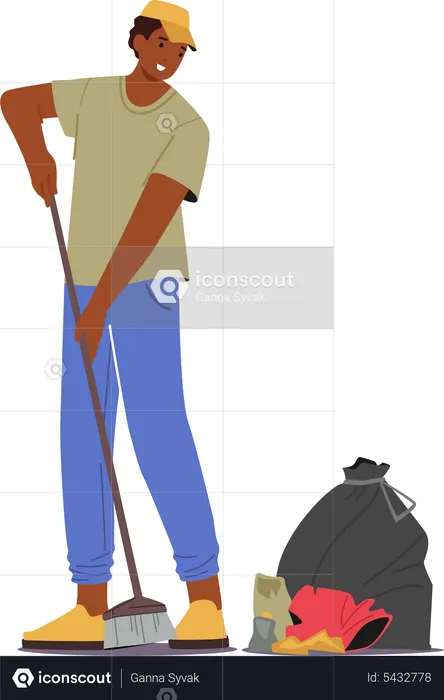 Janitor Male Holding Broom Sweep Lawn from Trash and Garbage  Illustration