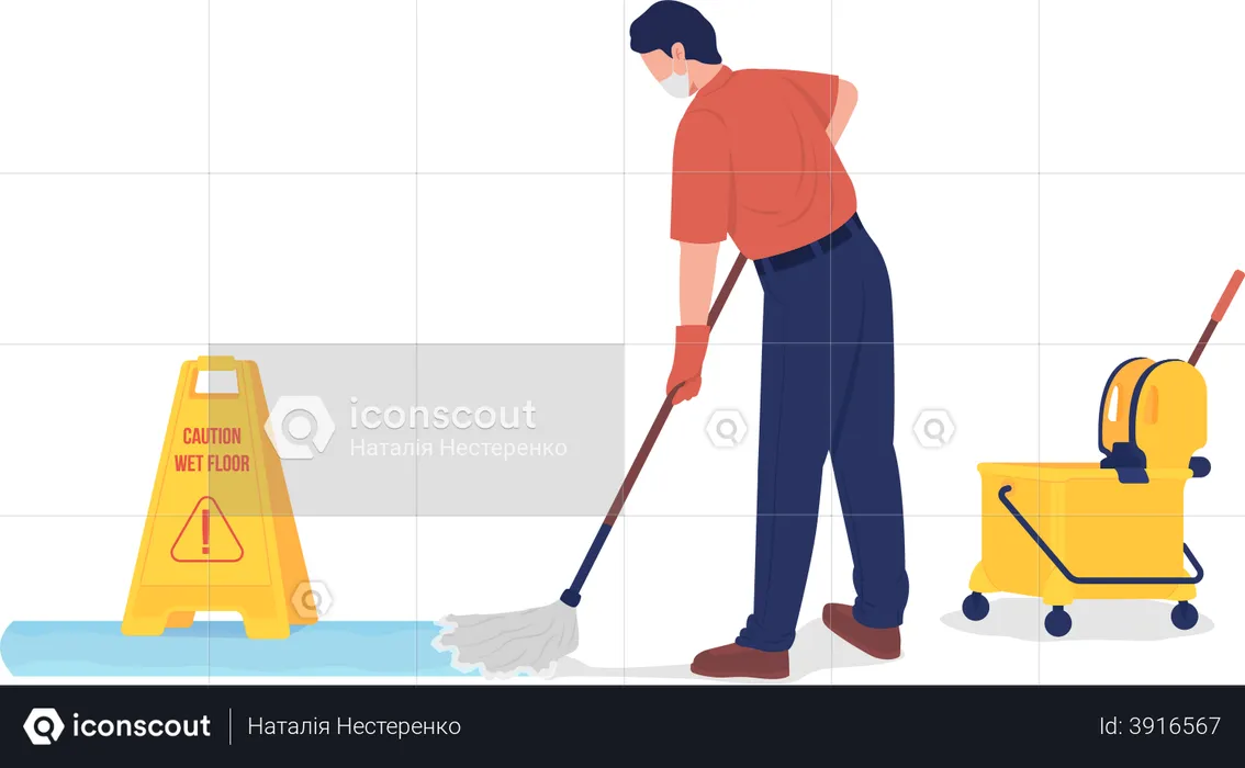 Janitor Mopping Floor during Corona  Illustration