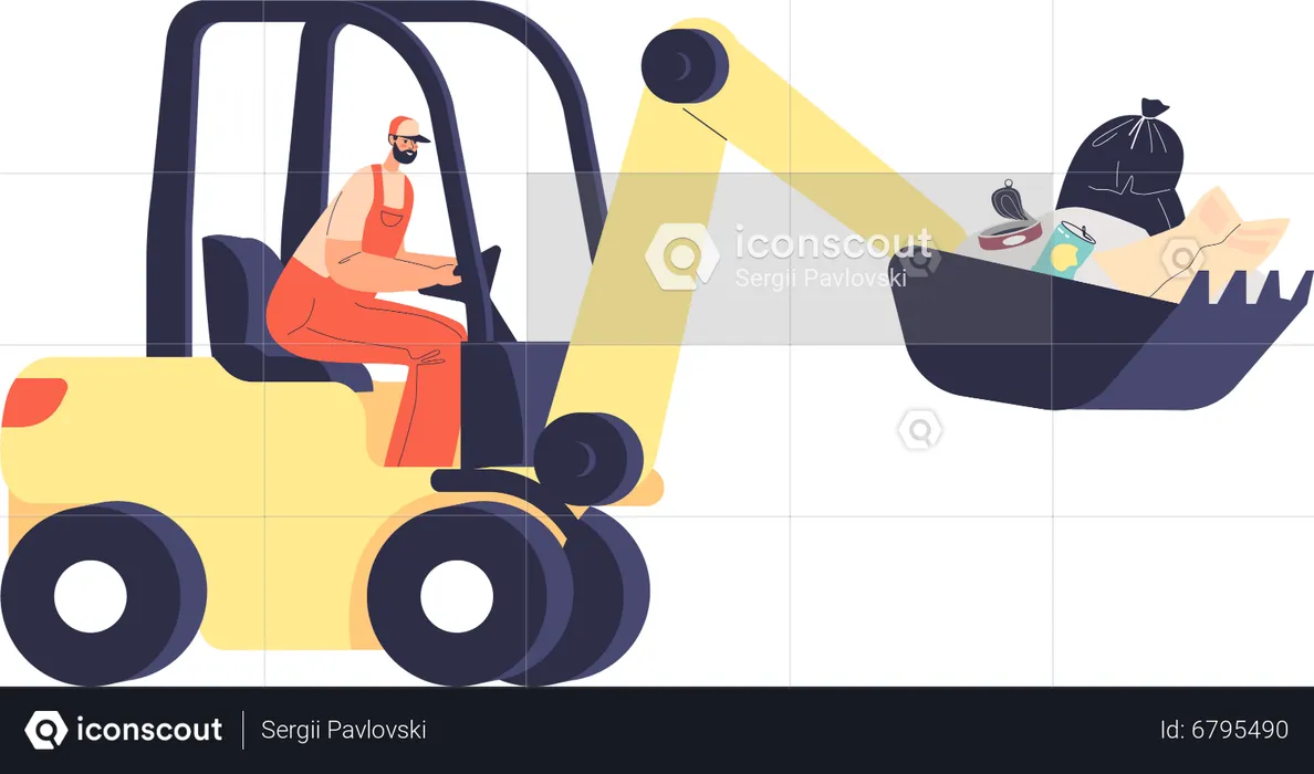 Janitor work on bulldozer vehicle collect trash and litter  Illustration