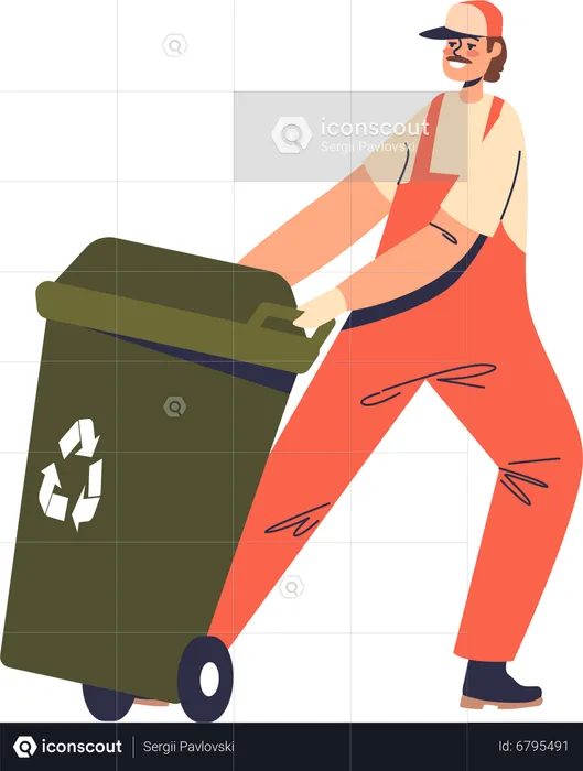 Janitor worker push litter bin  Illustration