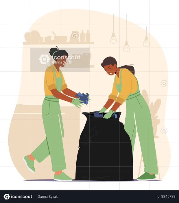 Janitors collecting waste into black polyethene bag  Illustration