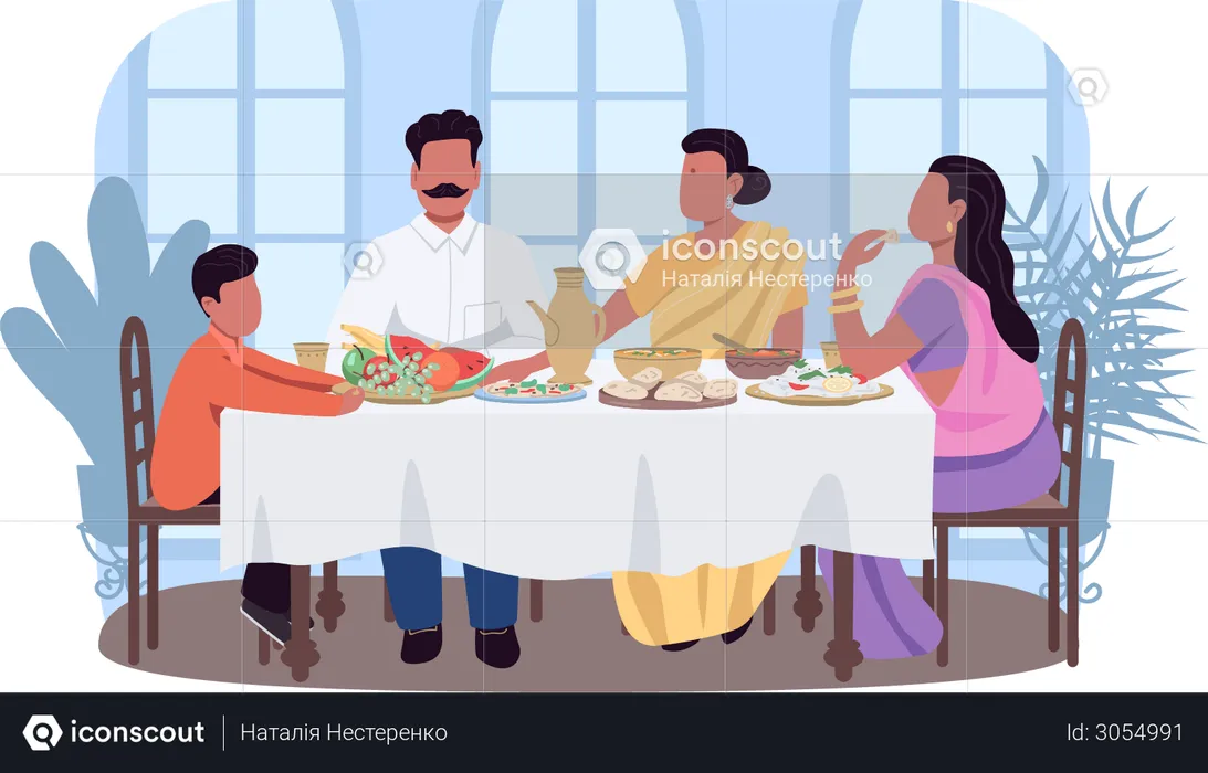 Jantar tradicional indiano  Ilustração