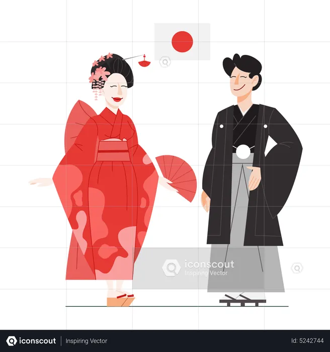 Japan citizen in national costume with a flag  Illustration