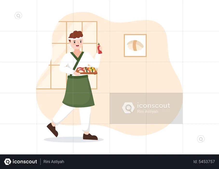 Japan male holding sushi dish  Illustration