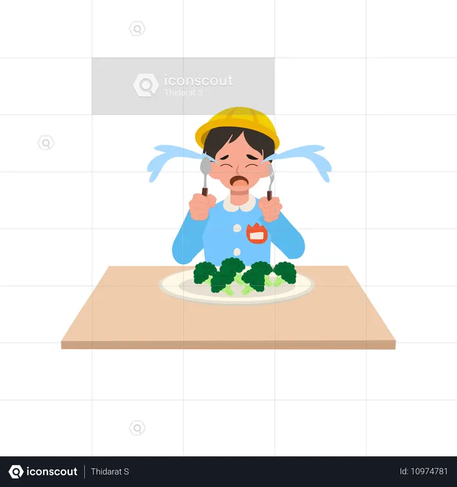 Japanese boy in kindergarten uniform refusing healthy food vegetables  Illustration