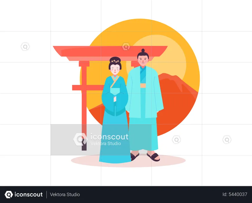 Japanese couple in traditional clothes  Illustration