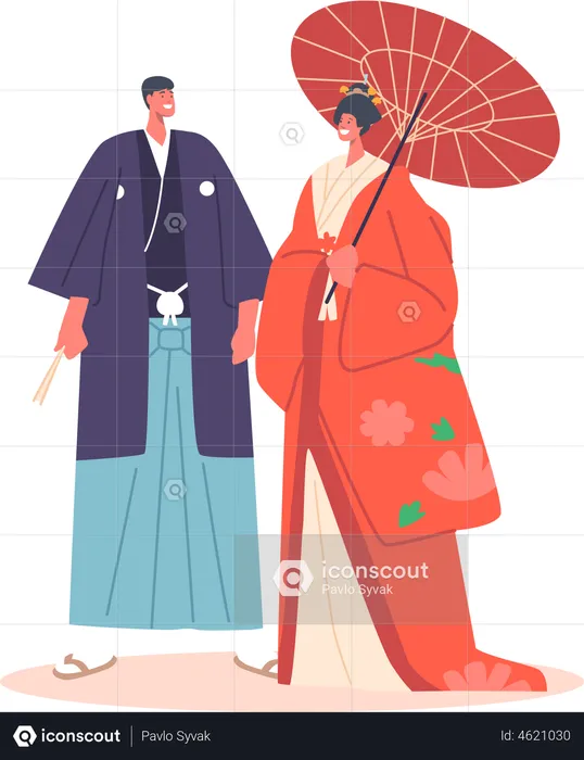 Japanese Couple Wear Traditional Costume  Illustration