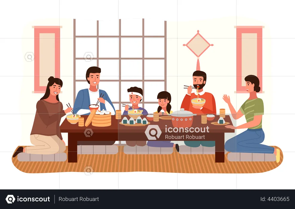 Japanese family eating food together  Illustration