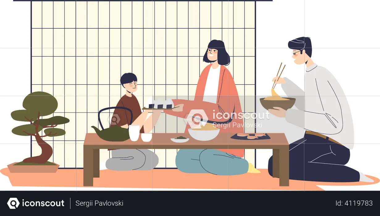 Japanese family having dinner  Illustration