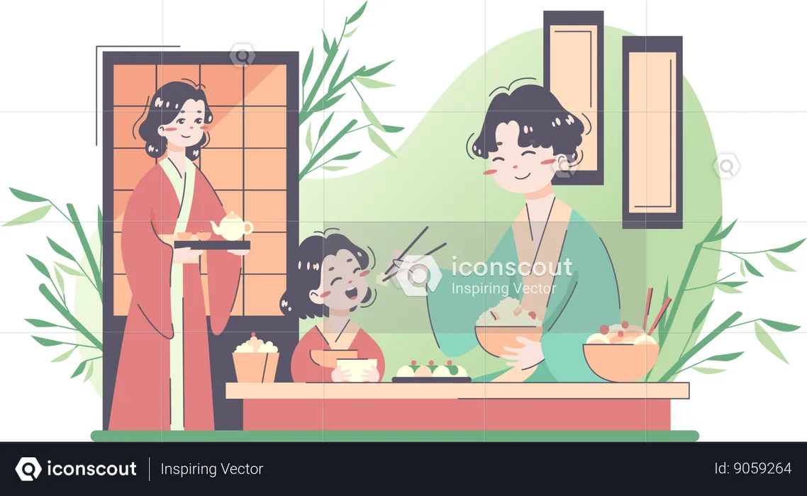 Japanese father feed his girl child  Illustration