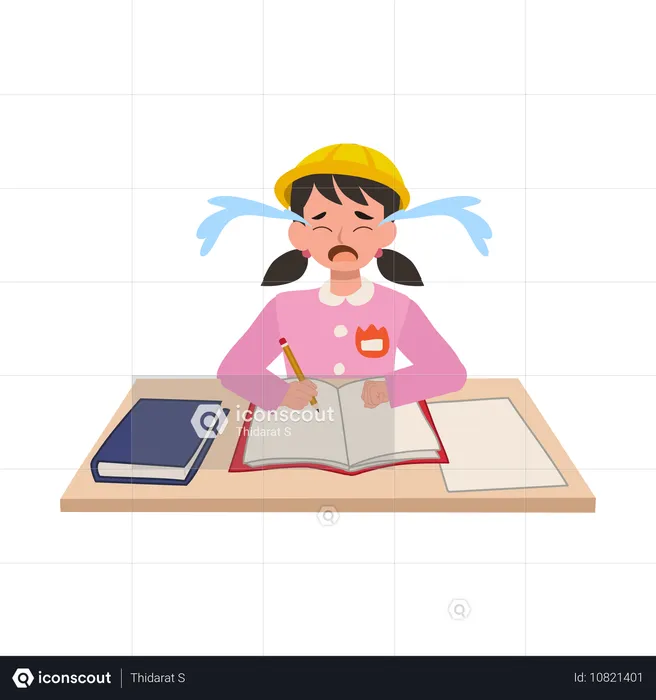 Japanese kindergarten girl in uniform sits at her desk crying, resisting school activities  Illustration