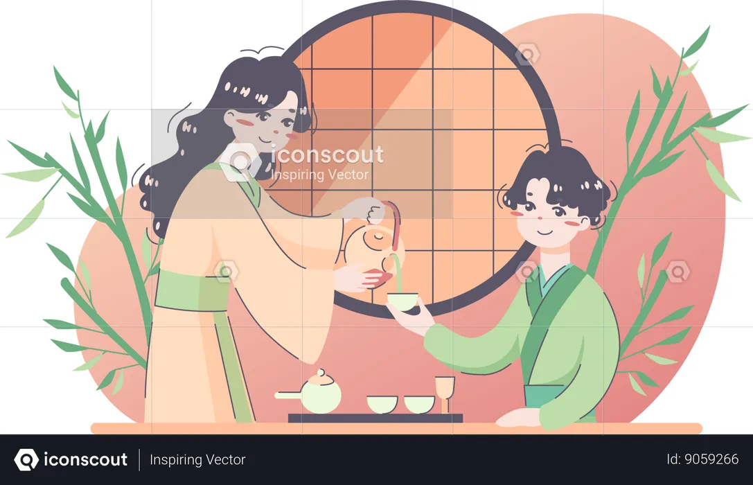 Japanese mother giving tea to her son  Illustration