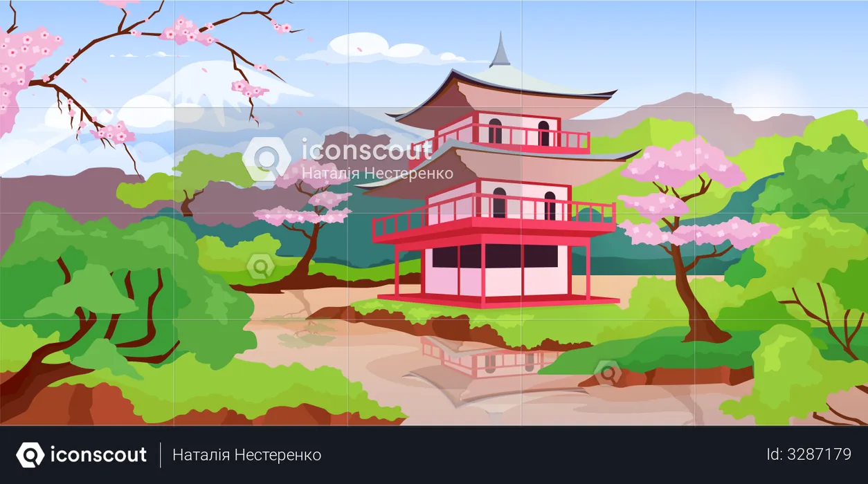 Japanese pagoda and Fuji Mount  Illustration
