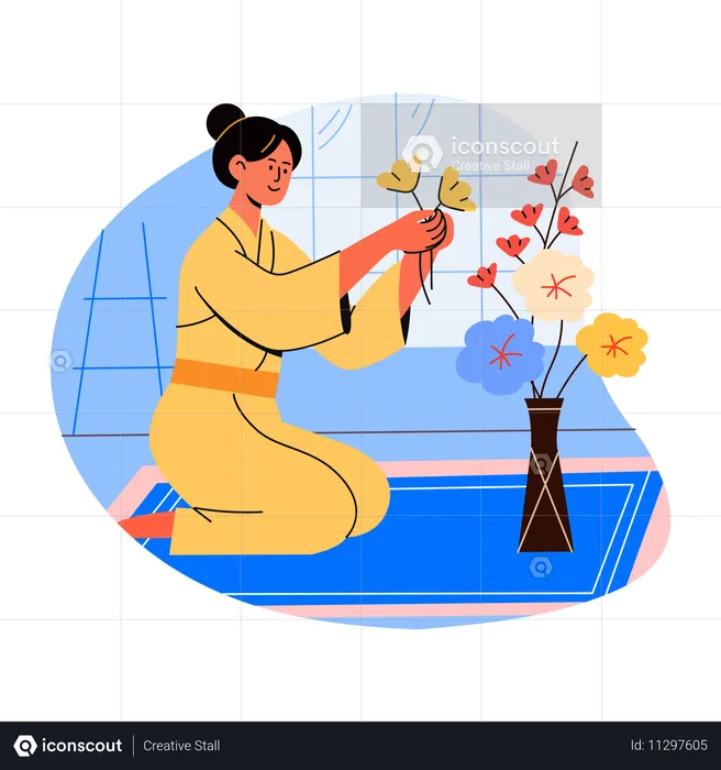 Japanische Frau macht Blumenarrangement  Illustration