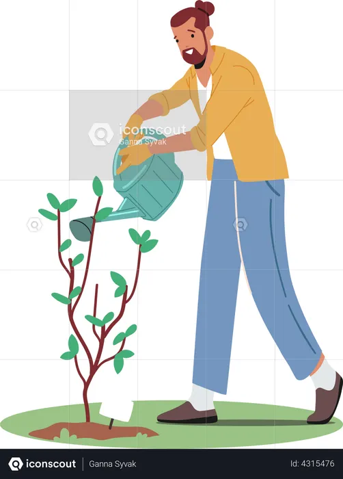 Jardineiro regando árvore com lata de água  Ilustração