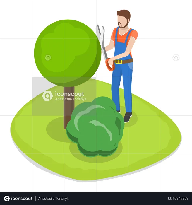 Jardinero macho podando árbol  Ilustración