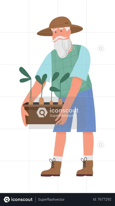 Jardinero senior sosteniendo planta  Ilustración