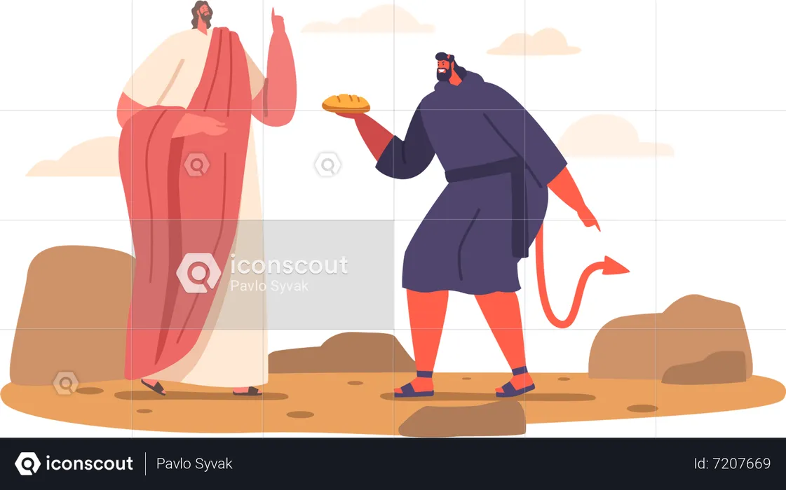 Jésus a résisté à l'offre de pain de Satan lors de la tentation dans le désert  Illustration