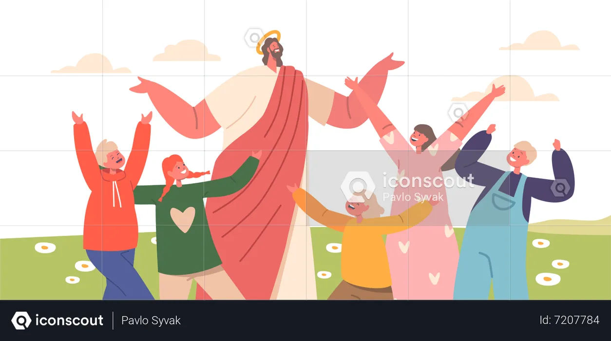 Jesus And Children Playing And Celebrating  Illustration