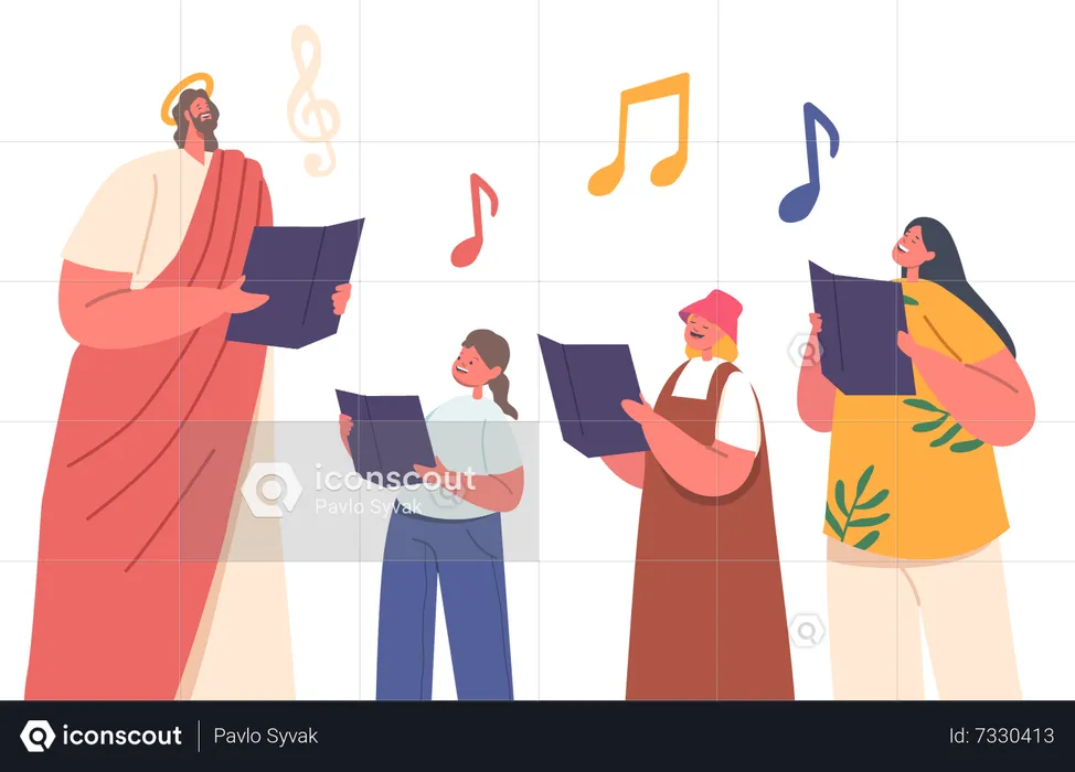 Jesus And Children Sing Chorals With Notes In Hands  Illustration