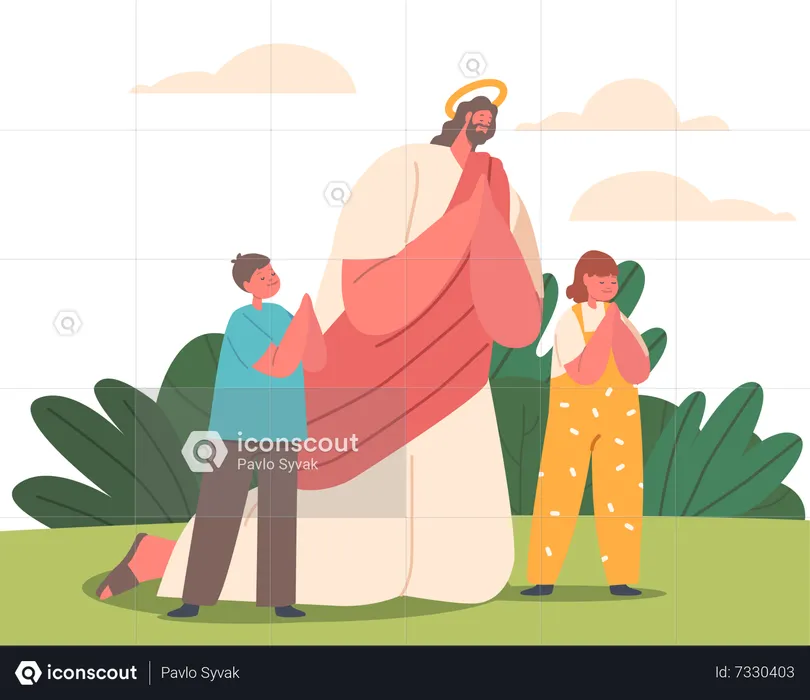 Jesus And Cute Little Children Characters Praying On A Serene Summer Meadow  Illustration