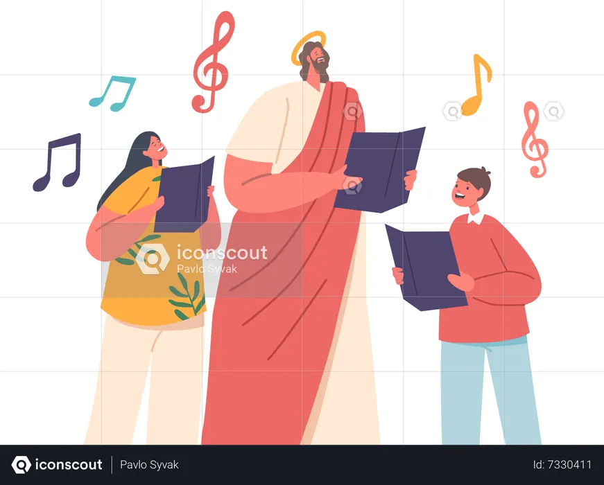 Jesus Character Surrounded By Joyful Children  Illustration