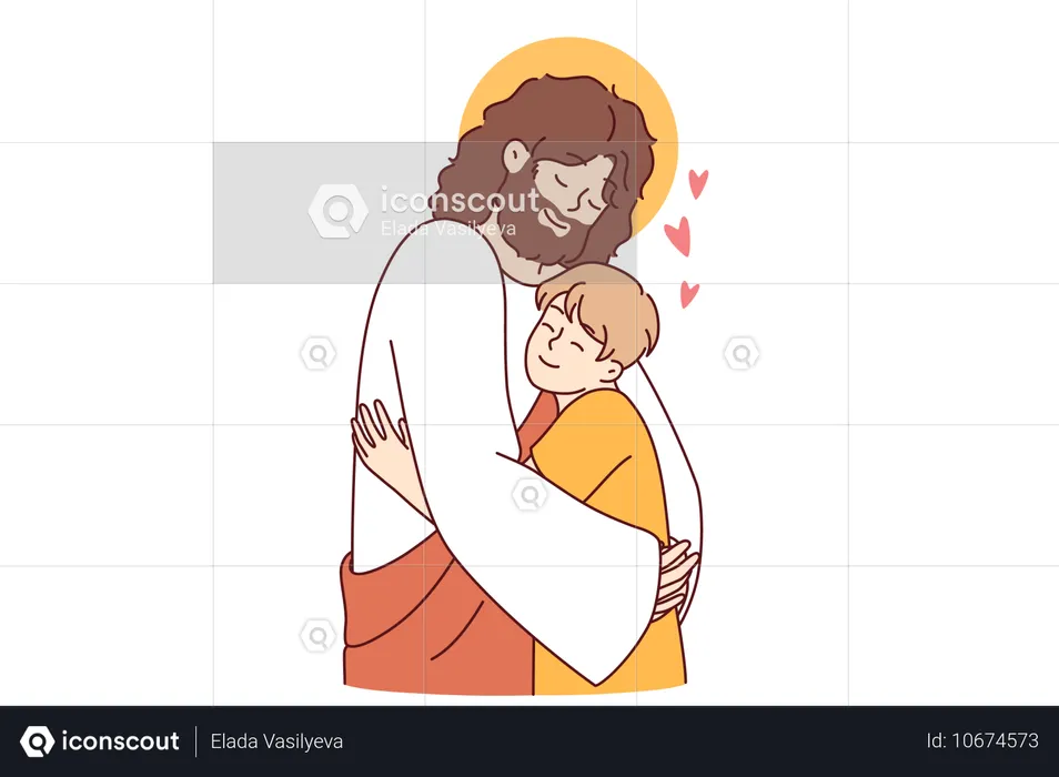 Jésus-Christ serre un enfant dans ses bras et montre ainsi l'exemple de l'amour et de l'attention qu'il porte à son prochain.  Illustration