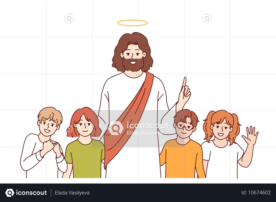 Jesus Cristo sorri ao lado de crianças e prega a bondade aos seguidores da religião cristã  Ilustração