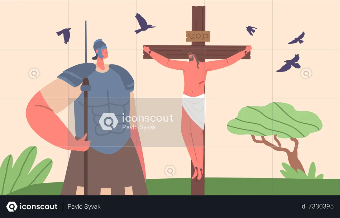 Escena bíblica solemne de la crucifixión de Jesús con el personaje de Jesús en la cruz  Ilustración