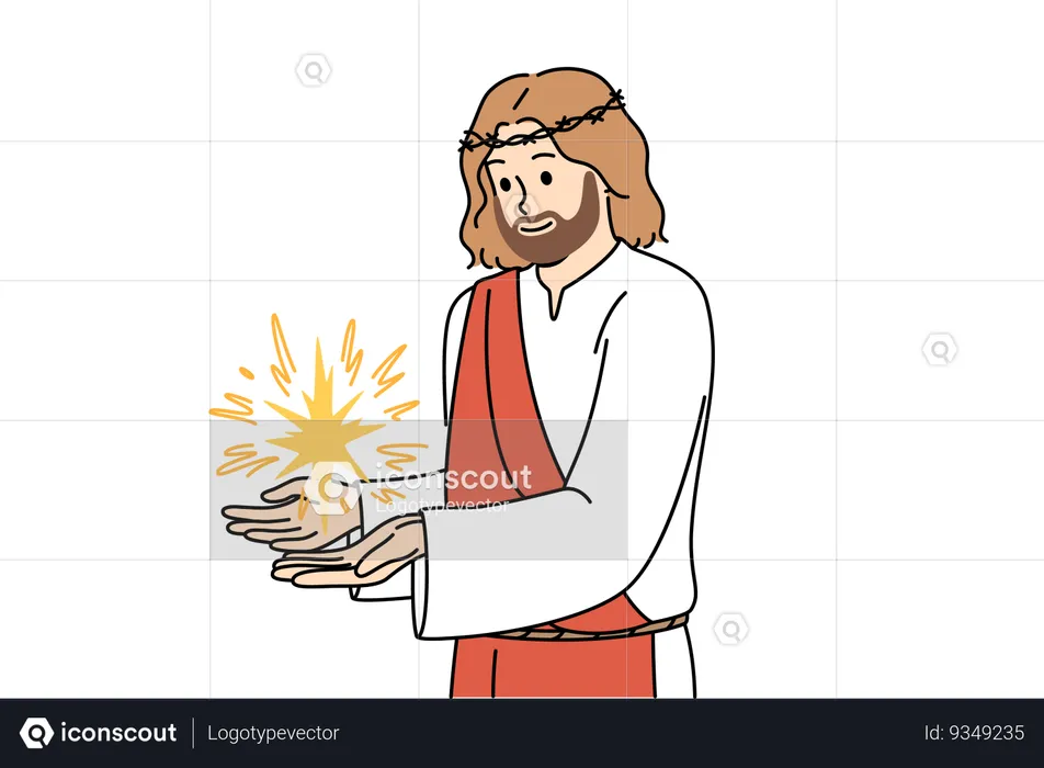 Jesus demonstrates miracle after second coming and dressed in crown of thorns and ancient vestments  Illustration