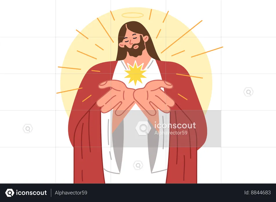 Jesus from christian religion demonstrates light emanating from palms by bowing head  Illustration