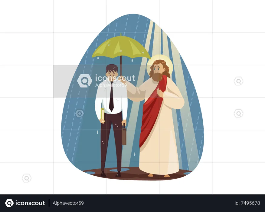 Jesus protect sad businessman  Illustration