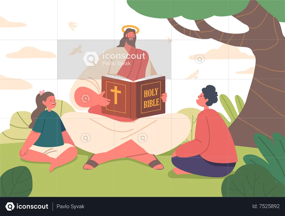 Jesus sentado no campo e compartilhando histórias atemporais  Ilustração