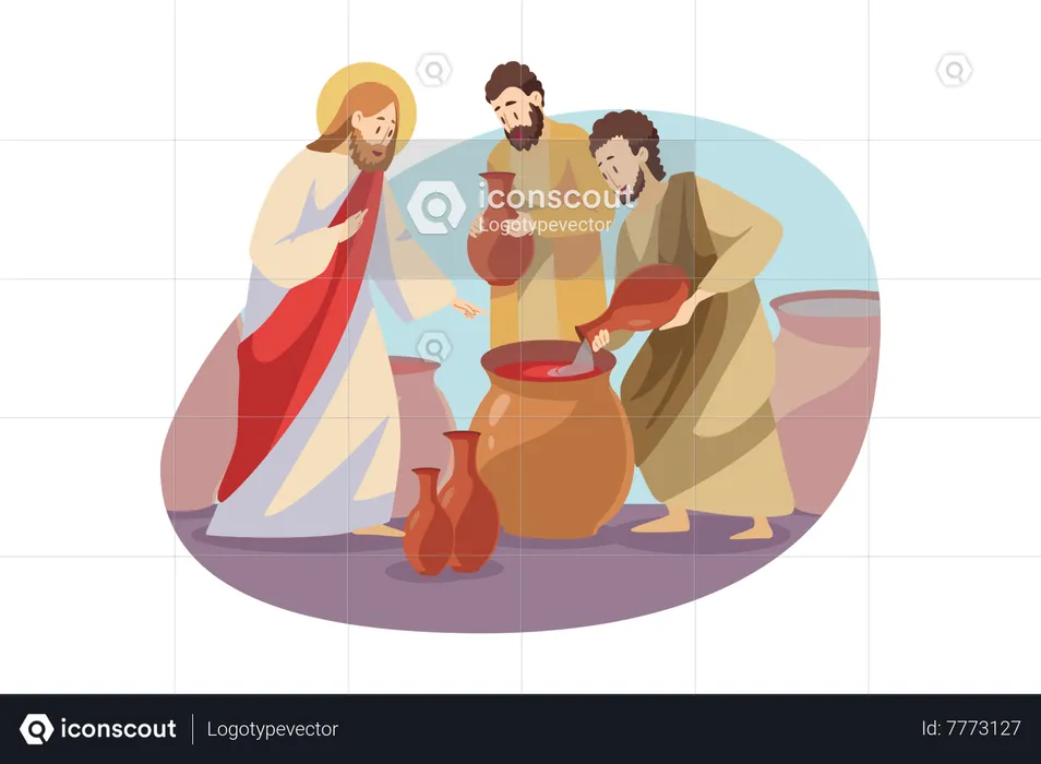 Jesus Transforms Water To Wine At Wedding In Cana  Illustration