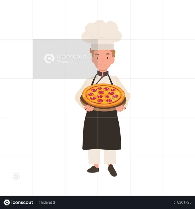 Jeune chef cuisinant de délicieuses pizzas faites maison  Illustration