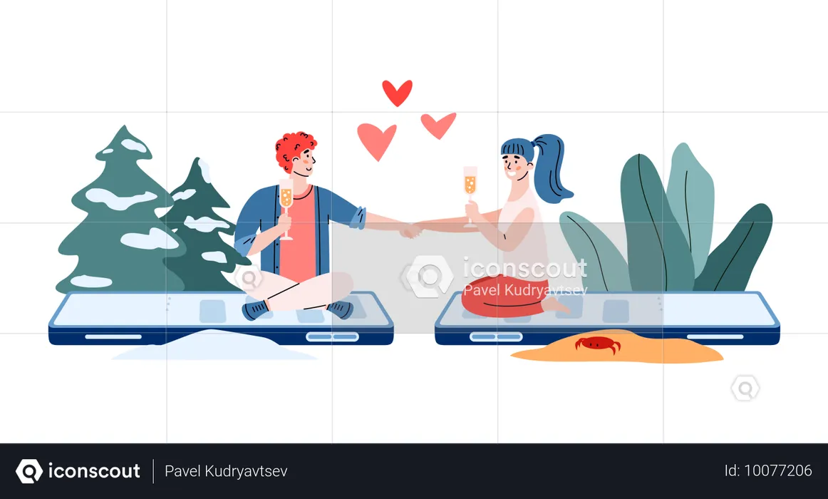 Jeune couple ayant un rendez-vous romantique en ligne  Illustration