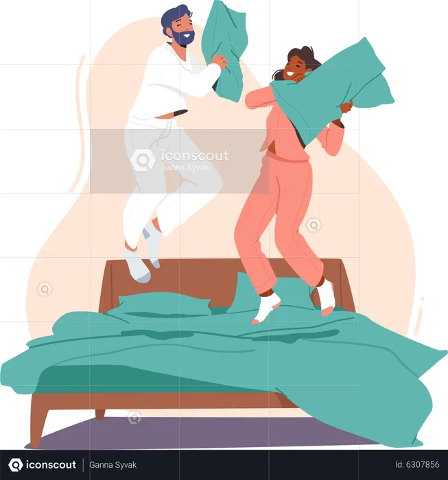 Jeune couple, combat sur des oreillers sur le lit  Illustration