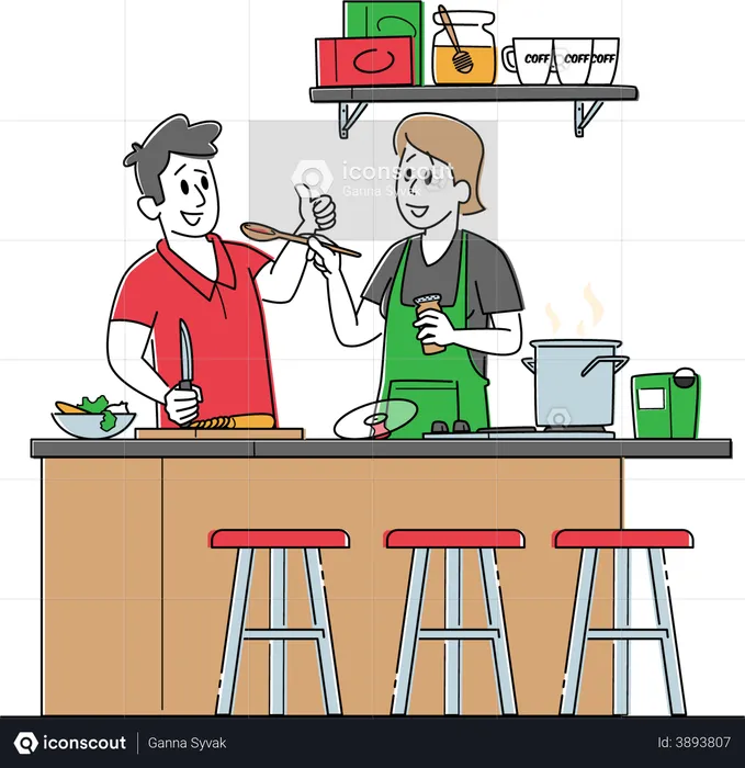 Jeune couple cuisinant ensemble dans la cuisine  Illustration