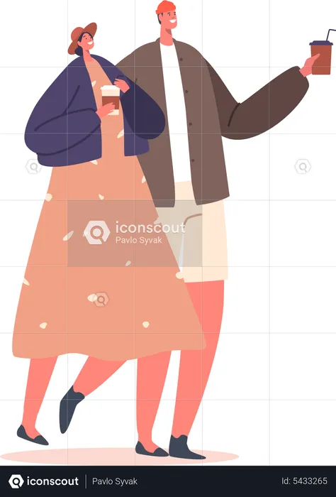 Jeune couple homme et femme marchant et buvant du café ensemble  Illustration