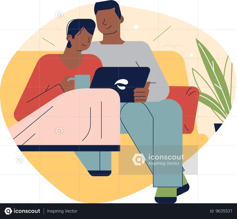 Jeune couple regardant une vidéo sur une tablette à la maison  Illustration