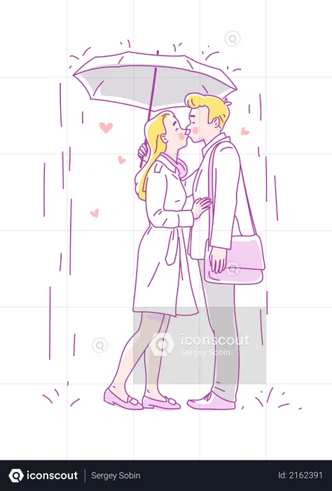 Jeune couple s'embrassant sous la pluie sous un parapluie  Illustration