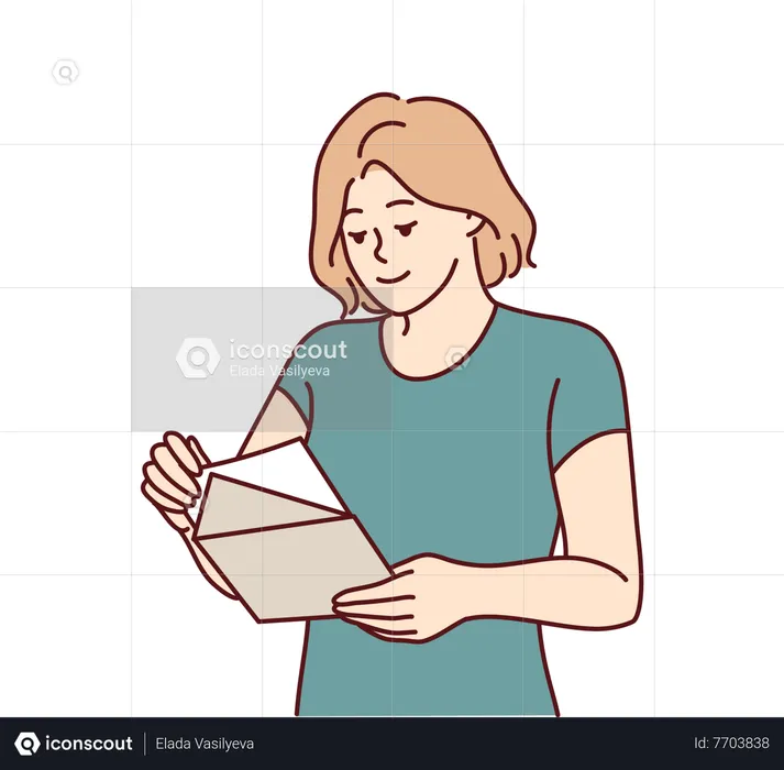 Jeune femme ouvre l'enveloppe et lit la carte d'invitation  Illustration