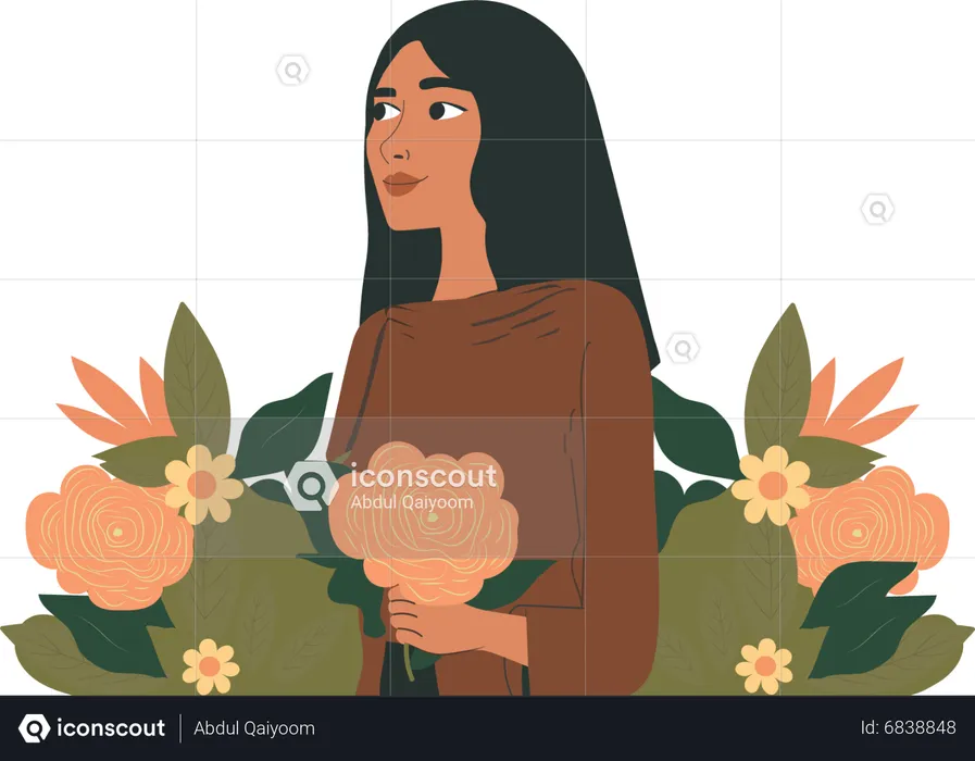 Jeune femme tenant de belles fleurs  Illustration