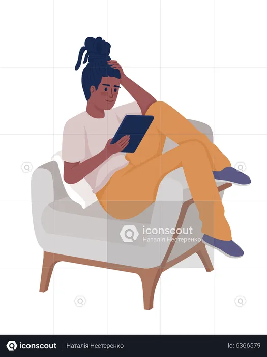 Jeune femme allongée dans un fauteuil avec tablette  Illustration