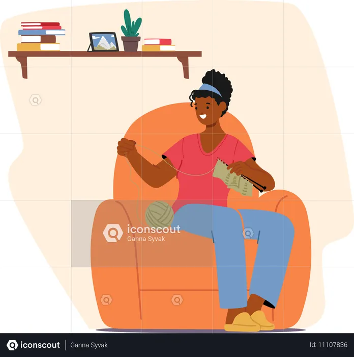 Une jeune femme assise dans un fauteuil tricote  Illustration