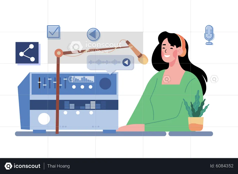 Jeune femme dans des écouteurs chantant dans le studio d'enregistrement  Illustration